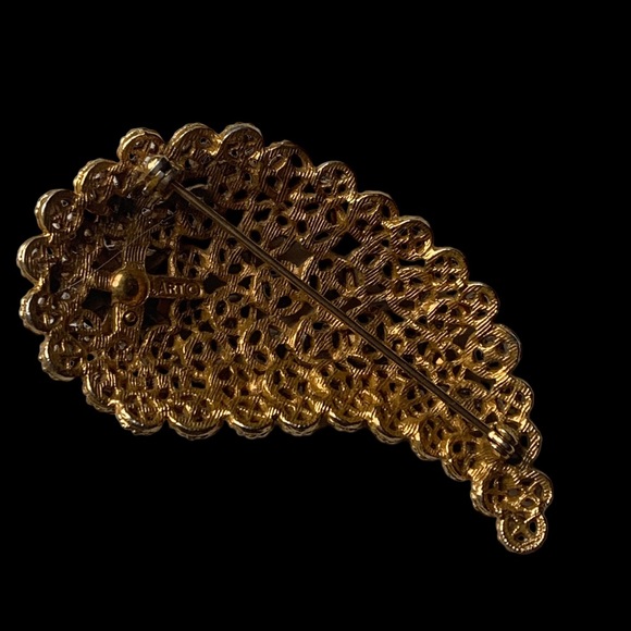 Vintage Signed ART Art Pepper Gold Plated Crystal Fall Cornucopia Brooch Jewelry - Picture 7 of 10